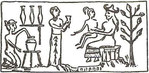 Artist's rendering of an ancient Sumerian cylinder seal. Some claim this shows Anunnaki 'gods' genetically engineering modern humans.