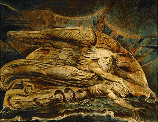 'Elohim Creating Adam' by William Blake. For Blake the God of the Old Testament was a false god. He believed the Fall of Man took place not in the Garden of Eden, but at the time of creation shown here, when man was dragged from the spiritual realm and made material. Was it the job of the reptilians to entrap man in earthly bodies?
