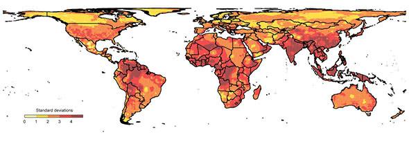 Regions such as Central Africa, India and Southeast Asia are likely to experience disproportionate levels of warming, as predicted by climate models, priming them for higher levels of intergroup conflict. Image via Science/Hsiang et. al.