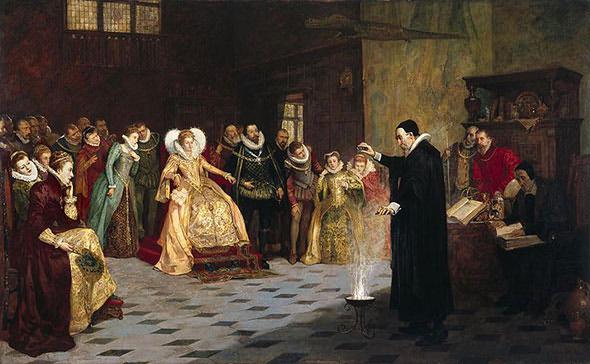 The occultist, astrologer, and consultant to Queen Elizabeth I, John Dee, performing an experiment before her.