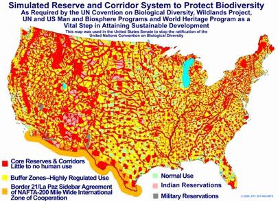 Figure 1: The demand in Agenda 21 for a massive cull of the population can be understood when you see how much of America is designated for no human activity.