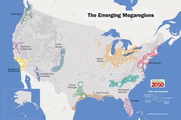 Figure 2: The Rockefeller-funded America 2050 map of America and Canada divided into megaregions.