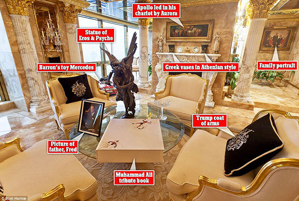 The lavish Trump Apartment. Notice the picture of the Sung-God Apollo over the fireplace, and the statue of Eros — the God of sexual pleasures where the word “erotic” originated — on the table.