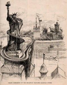 Cartoon from Harper's Weekly on May 28, 1887 turned Lady Liberty into a subway station. (Click to enlarge)