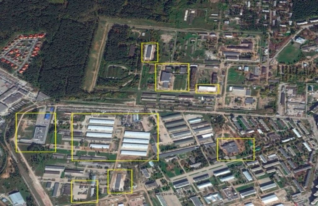 The Center for Military Technical Problems of Biological Defense of the Scientific Research of Microbiology in Ekaterinburg, Russia, in 2015. The yellow boxes indicate areas that changed significantly since 2005. (Courtesy of Raymond Zilinskas/Center for Nonproliferation Studies)